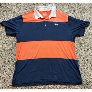 Under Armour Polo Shirt 2XL Black/Salmon Striped White Collar Mens Playoff Polo